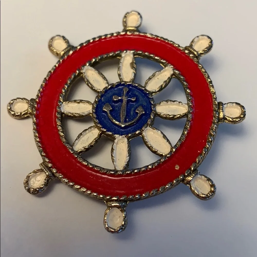 VTG JJ Ship Wheel Nautical Enamel Brooch Gold Tone Jonette Jewelry Co Patriotic